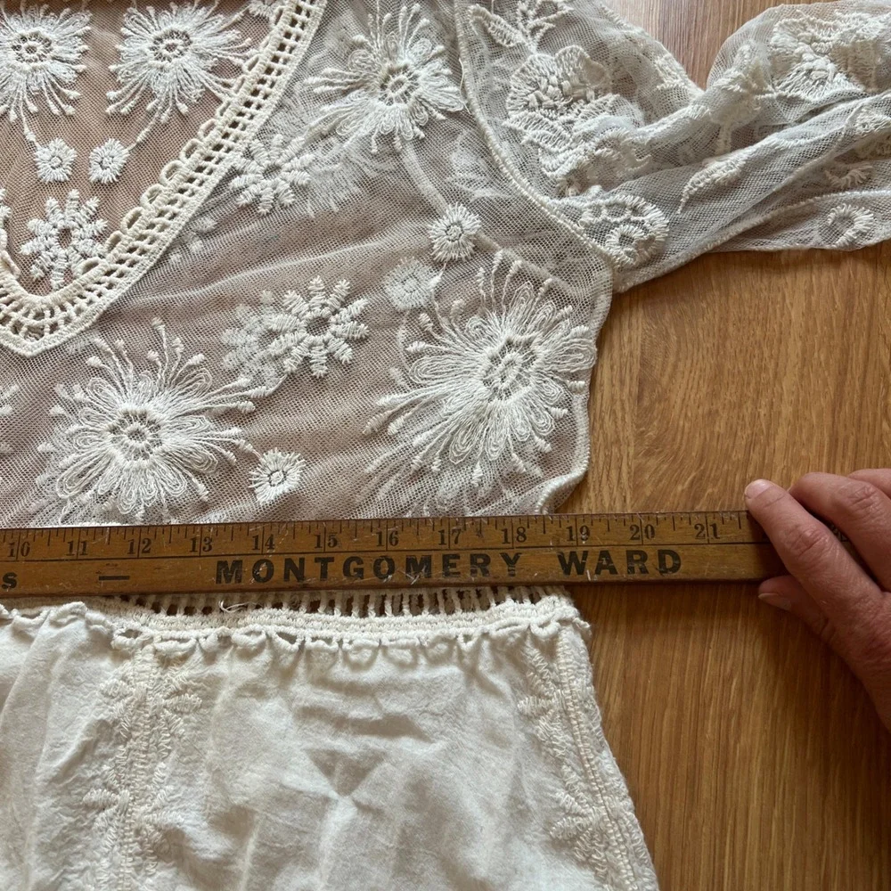 White Floral Lace Crochet Small Beach Cover Up Sheer Boho Mini Dress Festival